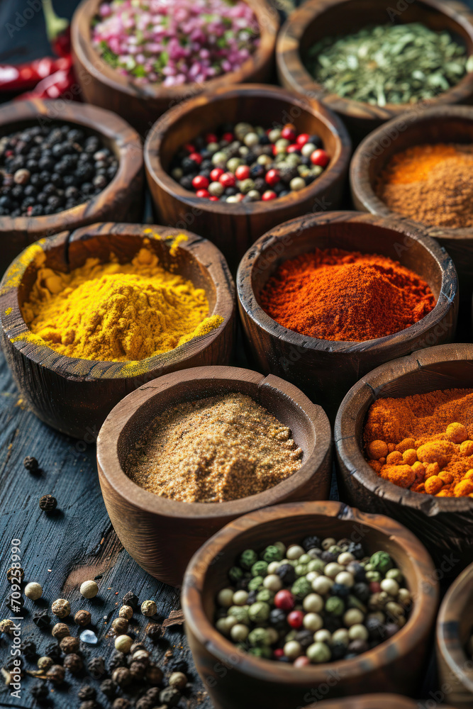 Different spices in a small wooden bowls.