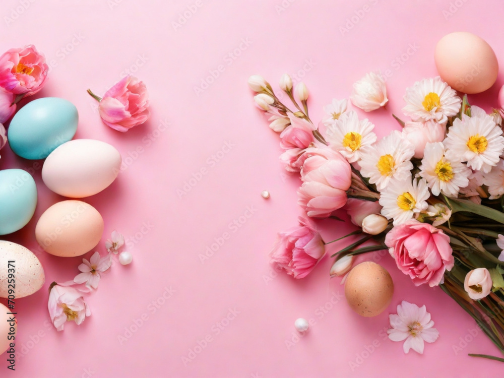 Flowers and easter eggs on a colored background closeup easter background ai image 