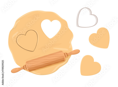 Making heart shaped cookies. Raw dough, rolling pin and baking cutter. Festive pastry for Valentine day. Vector cartoon illustration.
