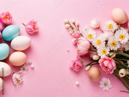 Flowers and easter eggs on a colored background closeup easter background 