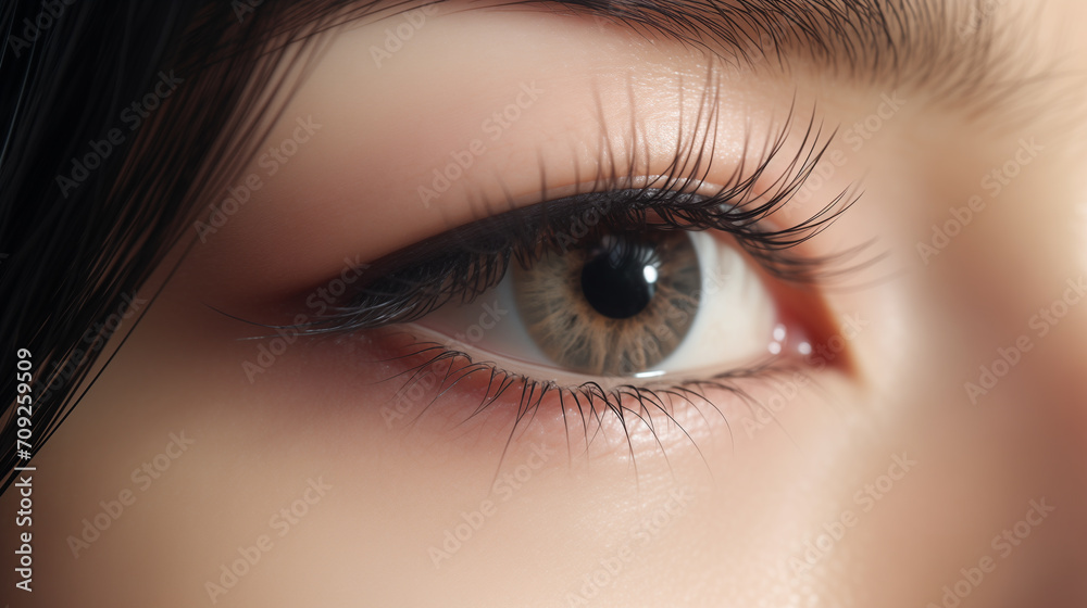 Fototapeta premium Beautiful eye with long eyelashes of an Asian girl model zoom in