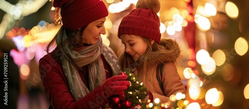 Mother and daughter picking Christmas lights at market