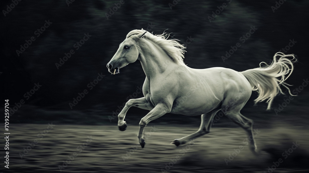 Fototapeta premium White horse run forward. Picture presenting the galloping white horse. AI Generative