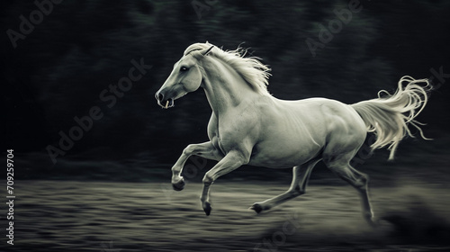 White horse run forward. Picture presenting the galloping white horse. AI Generative © We3 Animal