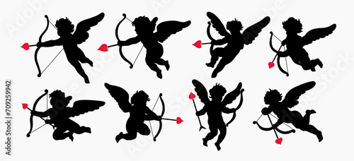 Set of cherub silhouette Valentines day. Cute cupid angels with wings, arrows and bows isolated on white background. Vector illustration photo