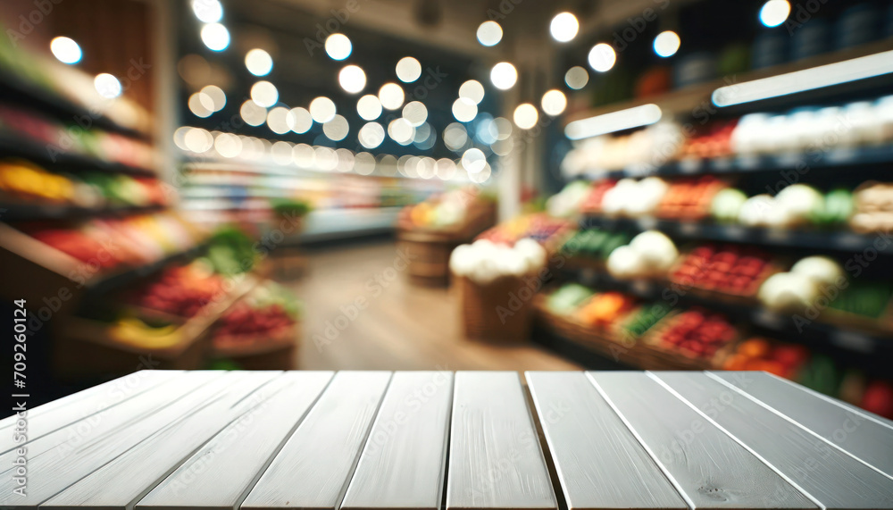 empty white wooden table with beautiful grocery store background