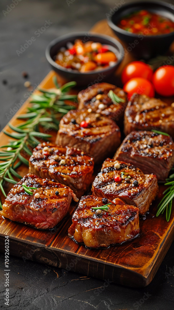 Succulent Grilled Steaks with Fresh Herbs on Board Succulent Grilled Steaks with Fresh Herbs on Board