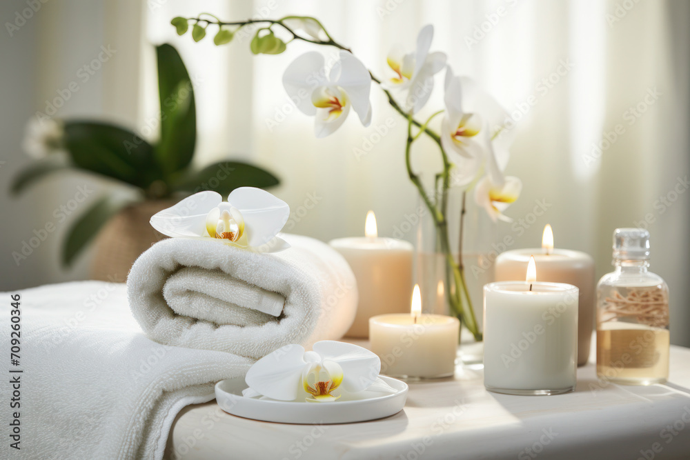 Tranquil spa setting with towels rolled up, candles and smooth river stones.	