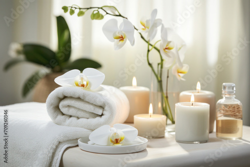 Tranquil spa setting with towels rolled up  candles and smooth river stones. 
