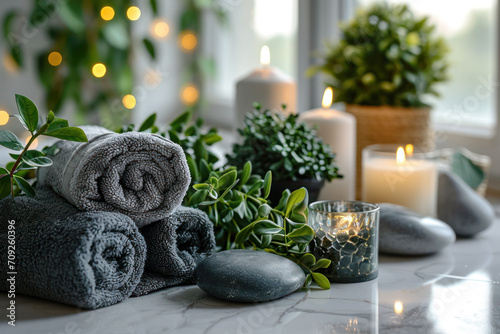 Tranquil spa setting with towels rolled up  candles and smooth river stones. 