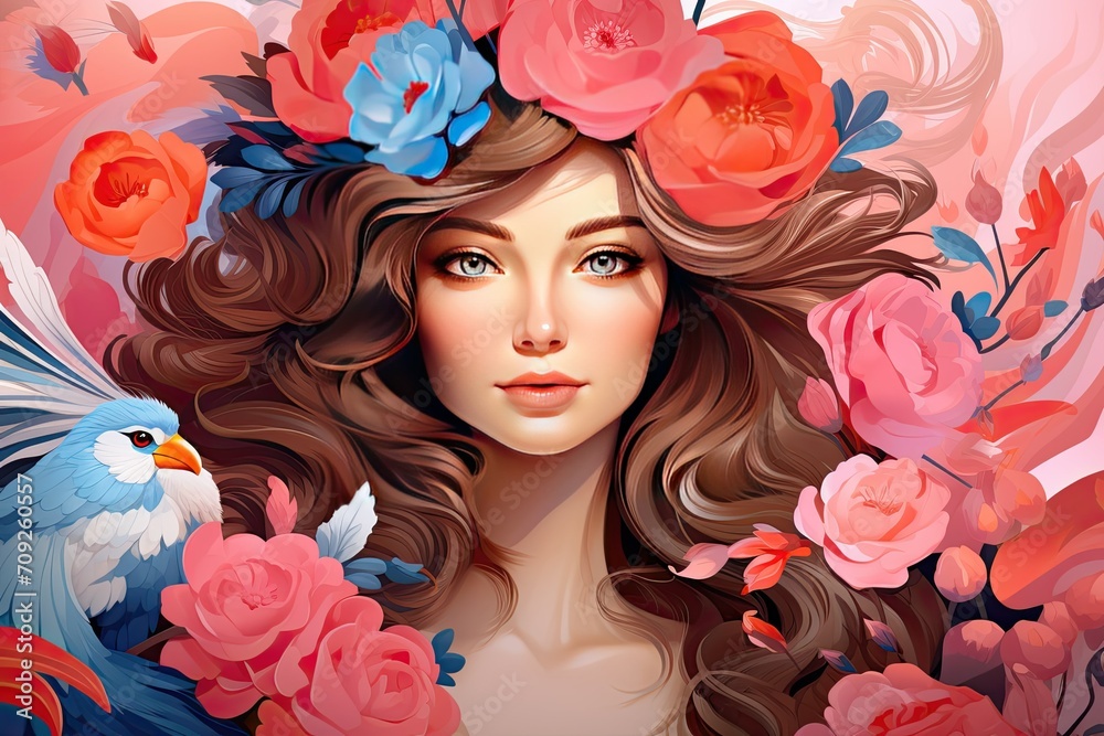 8th march, happy women's day with rose flowers, unique realistic Woman with exotic floral background. Fashion portrait of a girl with gigantic flowers. Expressive look with pink blue colors
