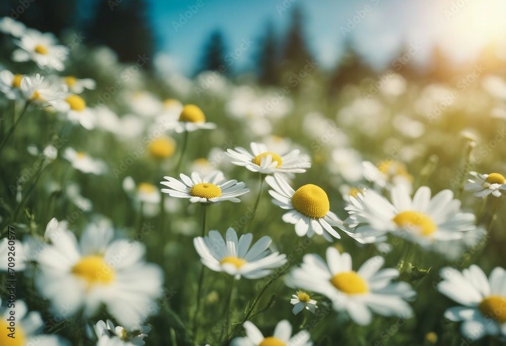 Beautiful blurred spring background nature with blooming glade chamomile trees and blue sky on a sun
