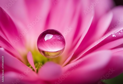 Beautiful big drop of water on a petal of a pink chrysanthemum flower with summer spring reflection