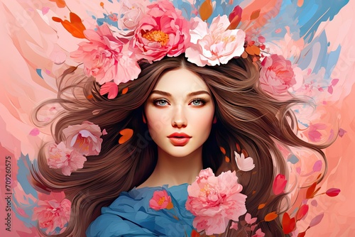 8th march, happy women's day with rose flowers, unique realistic Woman with exotic floral background. Fashion portrait of a girl with gigantic flowers. Expressive look with pink blue colors
