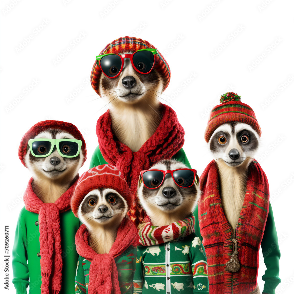 a big smiley meerkat family - retro christmas clothes created with Generative Ai