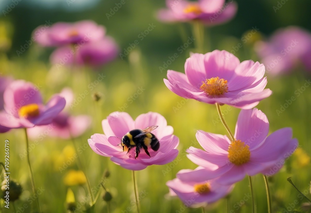 Beautiful pink anemone flower on spring yellow meadow and flying bumblebee macro on soft blurry ligh Beautiful pink anemone flower on spring yellow meadow and flying bumblebee macro on soft blurry ligh
