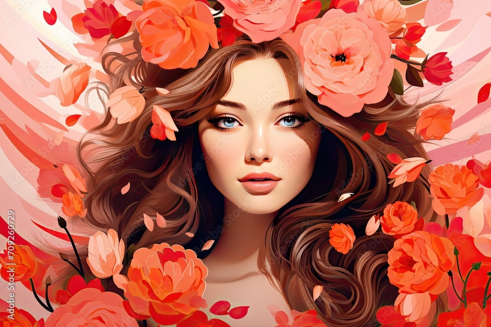 8th march, happy women's day with rose flowers, unique realistic Woman with exotic floral background. Fashion portrait of a girl with gigantic flowers. Expressive look with autumn colors
