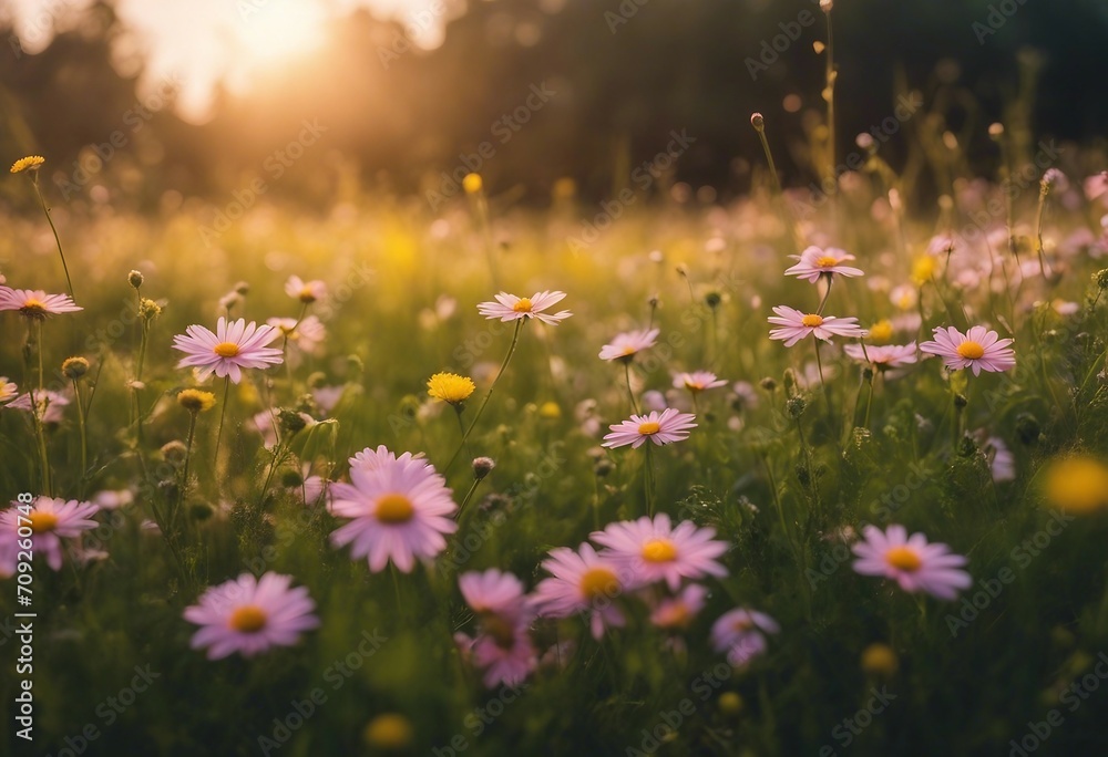 Beautiful summer natural background with yellow pink flowers daisies clovers and dandelions in grass