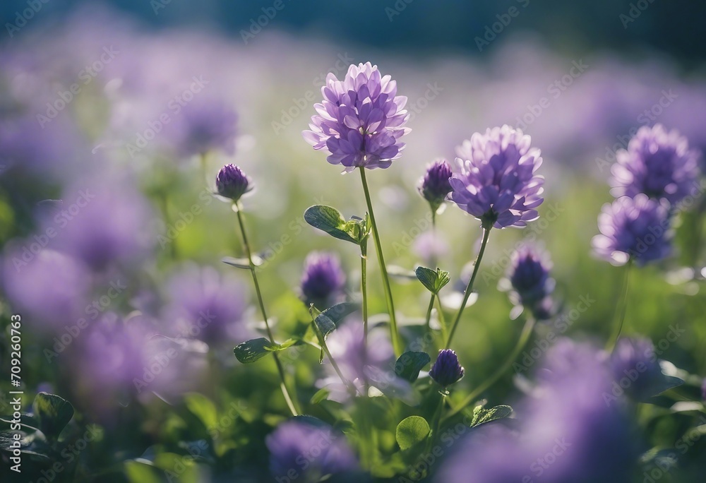 Beautiful purple lilac clover flower meadow in summer in the sun close-up macro on a soft blurred bl Beautiful purple lilac clover flower meadow in summer in the sun close-up macro on a soft blurred bl