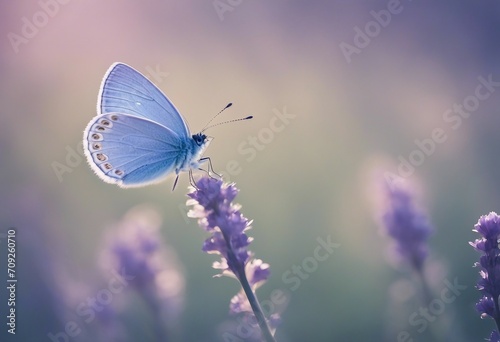 Beautiful light-blue butterfly on blade of grass on a soft lilac blue background Air soft romantic d © ArtisticLens