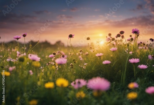 Beautiful summer natural background with yellow pink flowers daisies clovers and dandelions in grass