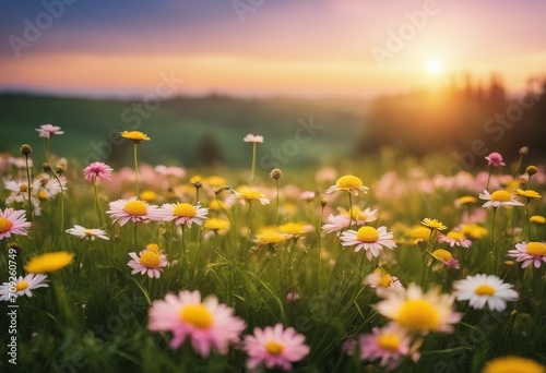 Beautiful summer natural background with yellow pink flowers daisies clovers and dandelions in grass