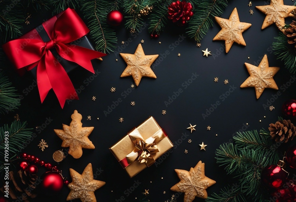 Christmas dark black background with beautiful texture and Golden gift box with red ribbon fir branc
