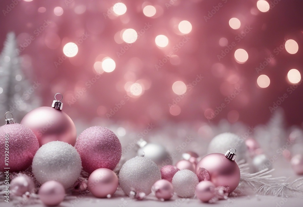 Christmas tree in white frost decorated pink silver balls toys on blurred fairy background with beau Christmas tree in white frost decorated pink silver balls toys on blurred fairy background with beau
