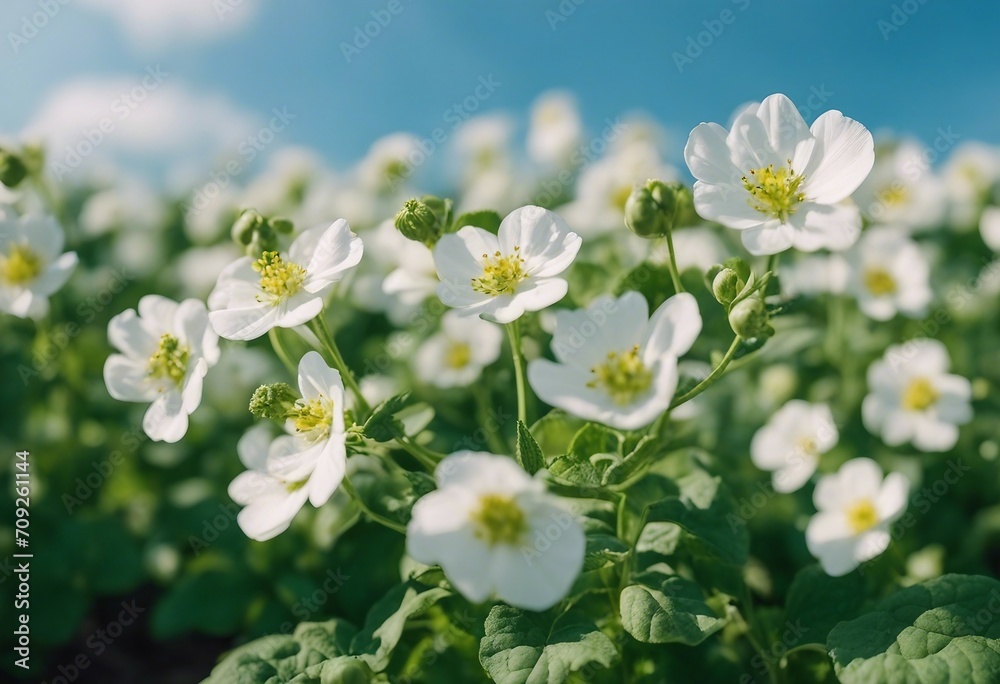 Flowering of growing potatoes Large white potato flower with fresh green leaves on a blue sky backgr Flowering of growing potatoes Large white potato flower with fresh green leaves on a blue sky backgr