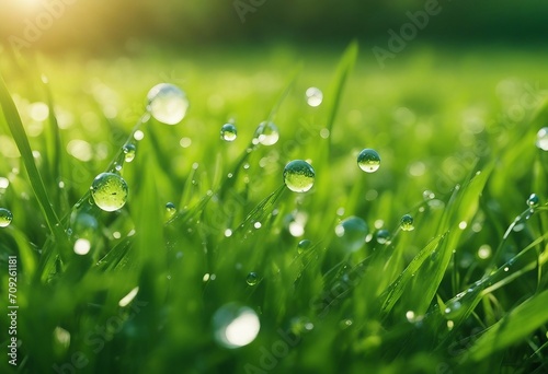Juicy lush green grass on meadow with drops of water dew in morning light in spring summer outdoors