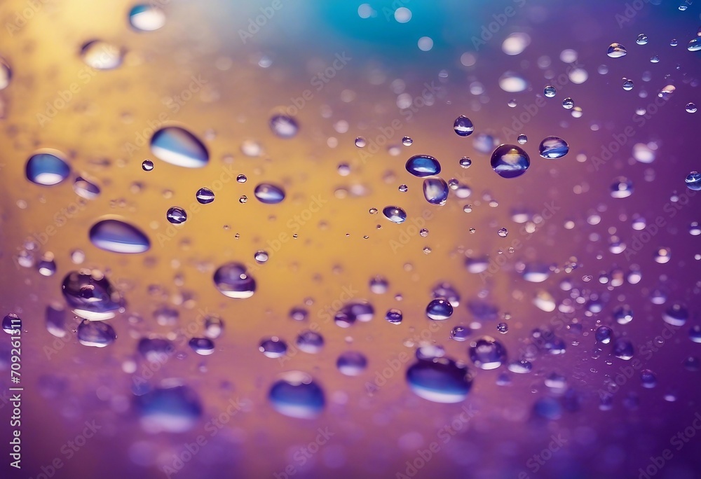 Transparent blue sheet on a glass with drops of dew water on a yellow and purple background macro so