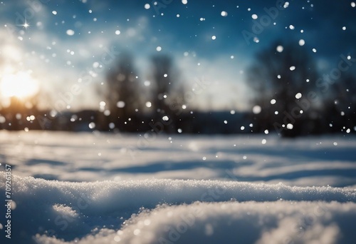 Winter background sparkling falling snow against a dark blue sky and white snowdrifts