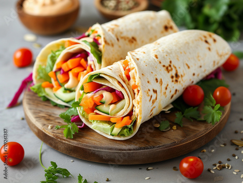 Vegan wraps with hummus and fresh vegetables on wooden desk, vegetarian food, healthy lifestyle breakfast