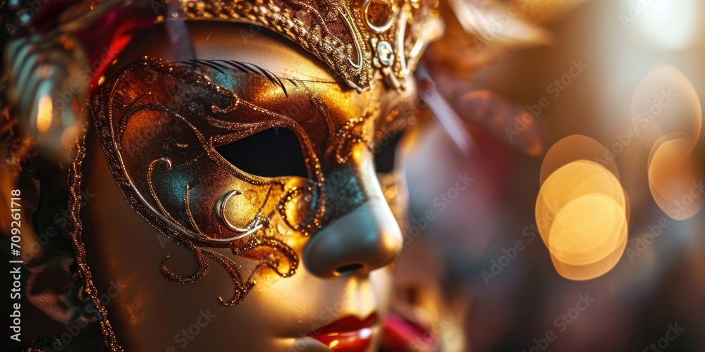Closeup of beautiful Venetian carnival mask with golden ornament