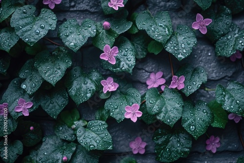 Purple flowers and green leaves with water drops on a dark background
