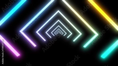 Abstract neon light tunnel with vibrant colors on a dark background.