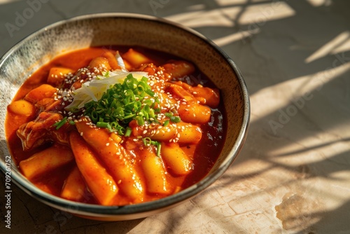 Korean cuisine, tteokbokki in a bowl of greens on the table. photo