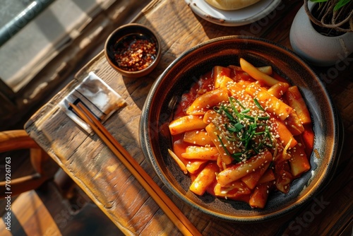 Korean cuisine, tteokbokki in a bowl on a wooden table lit by sunlight. Top view. photo