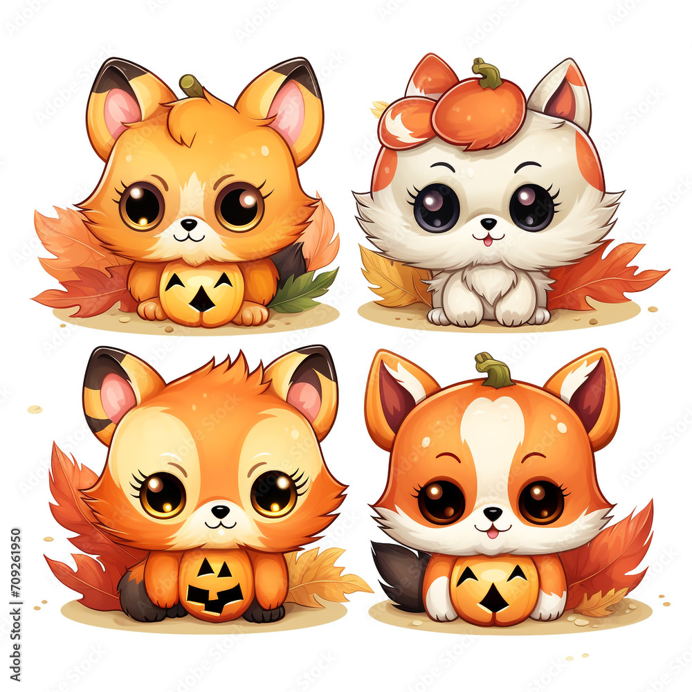 Fototapeta premium stickers automn, kawaii, cute, cartoon on a white background created with Generative Ai