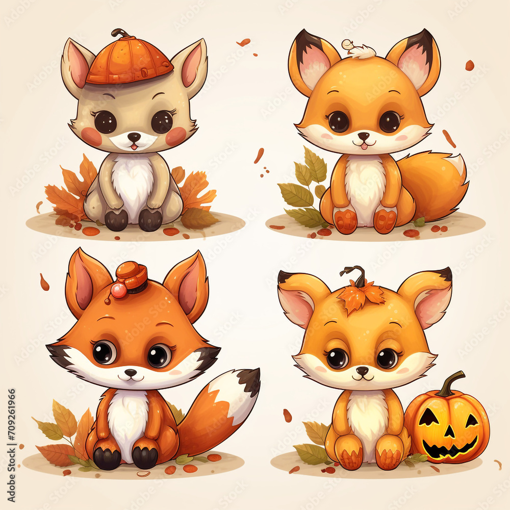 Fototapeta premium stickers automn, kawaii, cute, cartoon on a white background created with Generative Ai