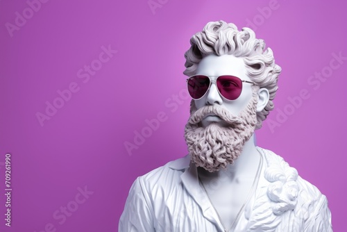 White sculpture of Zeus with mustache and beard wearing pink sunglasses on a purple background. © Владимир Солдатов