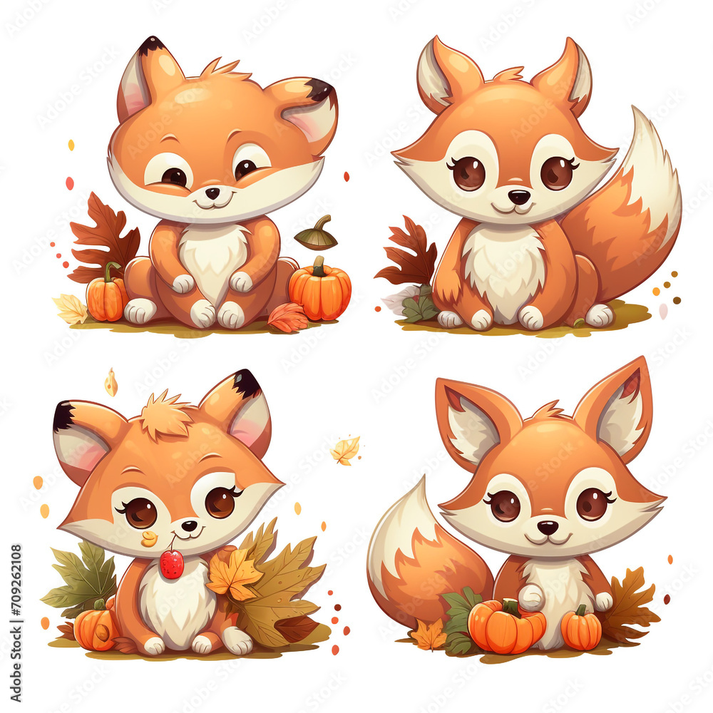 Fototapeta premium stickers automn, kawaii, cute, cartoon on a white background created with Generative Ai