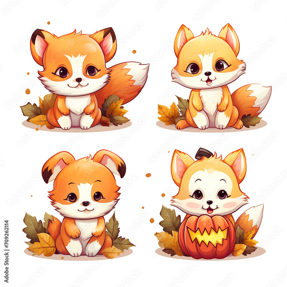 Fototapeta premium stickers automn, kawaii, cute, cartoon on a white background created with Generative Ai