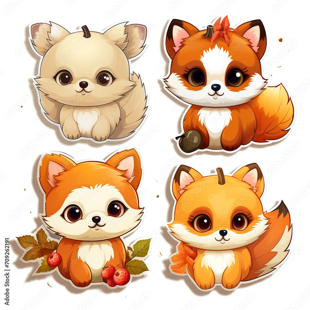 Fototapeta premium stickers automn, kawaii, cute, cartoon on a white background created with Generative Ai