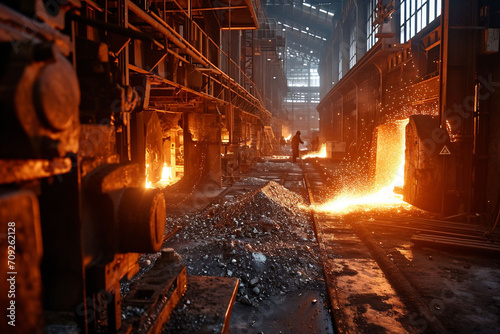A gritty and dramatic industrial steel mill interior, where molten metal is poured with radiant heat, illuminating the workers and the rugged environment