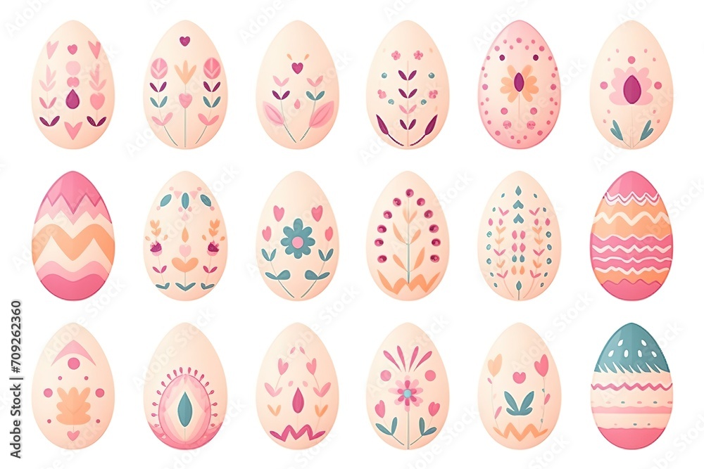 set of Pastel pink Easter egg assortment with playful nature floral patterns, spring holiday themes and craft inspiration