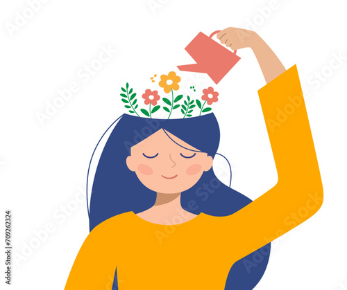 Thinking positive mindset. Girl watering flowers on her head with watering can