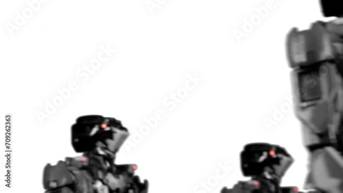 3d rendering of walking robotics army, industrial group of cyborg machines on white and green screen studio background. Looping cycling render