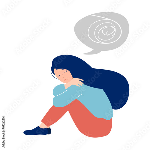 disturbing thoughts. girl sitting on a floor with a tangled ball of confused thoughts isolated on white background. world mental health day. vector illustration. Psychotherapy concept
