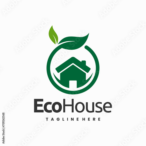 green house logo, renewable logo with house and green circle leaf shapes combination concept